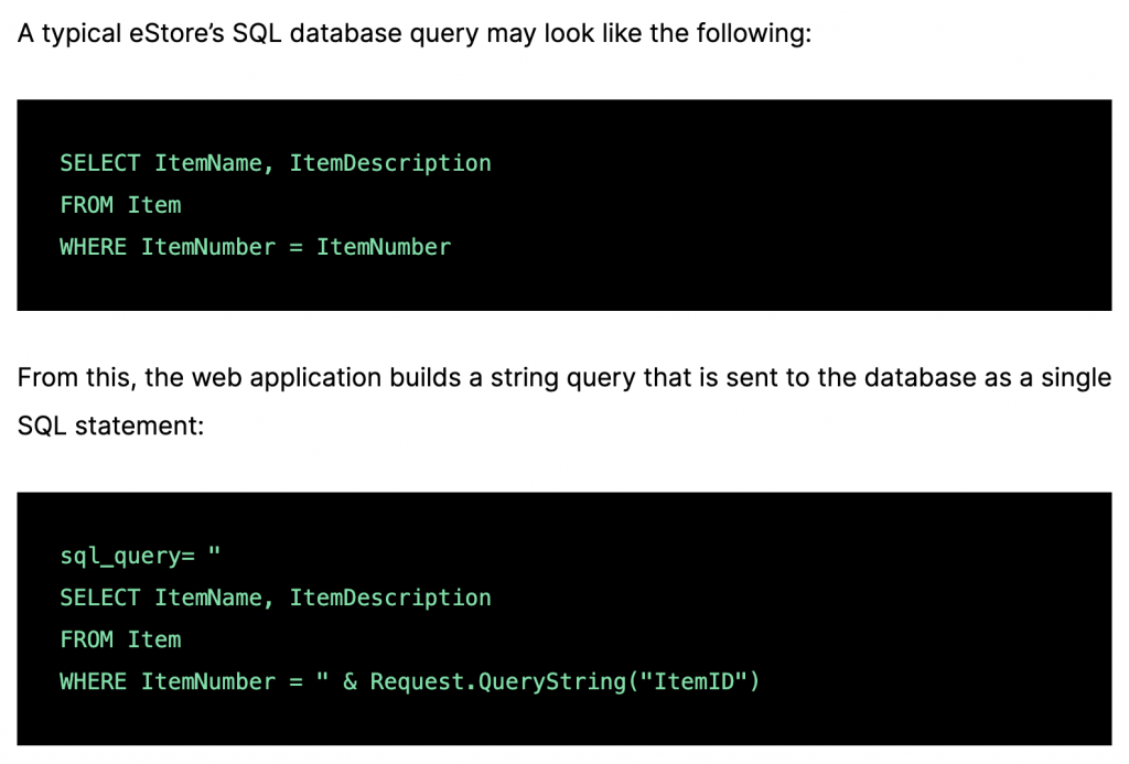 typical eStore’s SQL database query